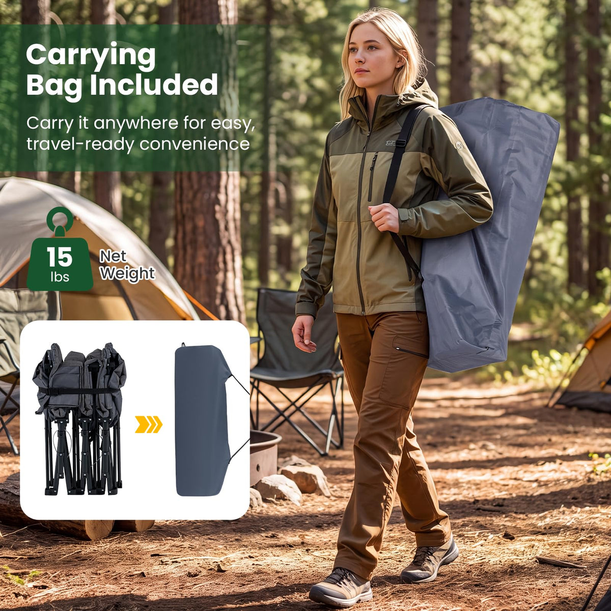 Camping Cot with Padded Pillow, Carry Bag, 600 lbs, Grey G443