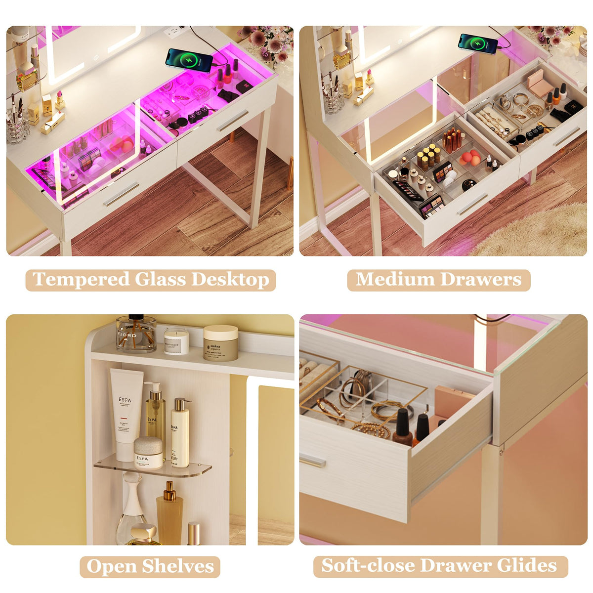 White Vanity Desk with Mirror and LED Lights C998