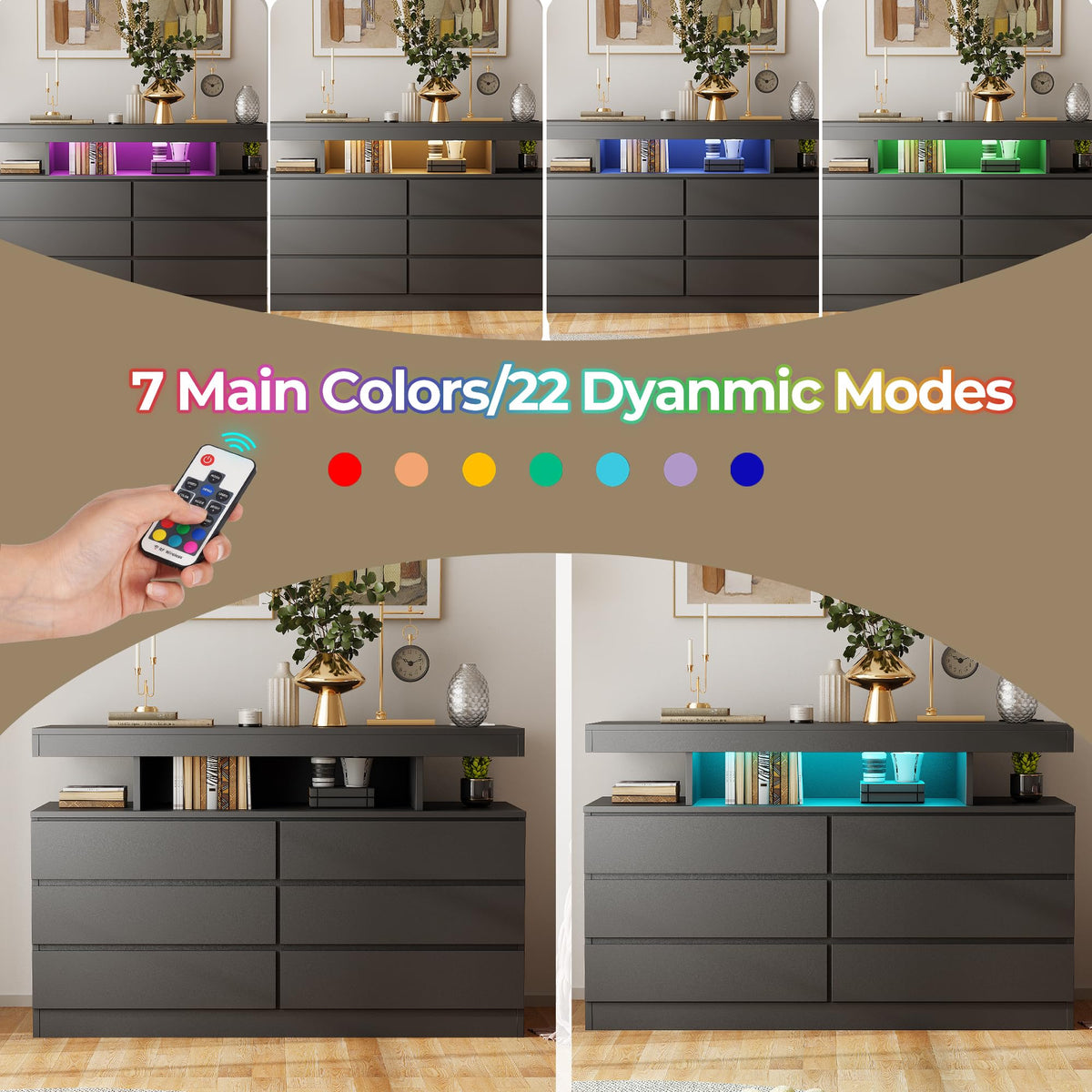 Black Dresser with Charging Station and LED Lights I158