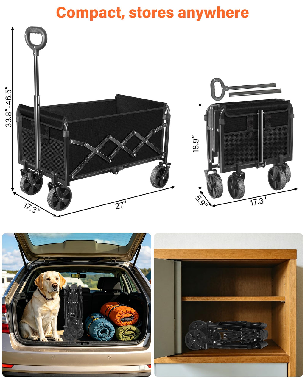 Foldable Wagon Cart with Wheels, 2 Cup Holders, Black X78944
