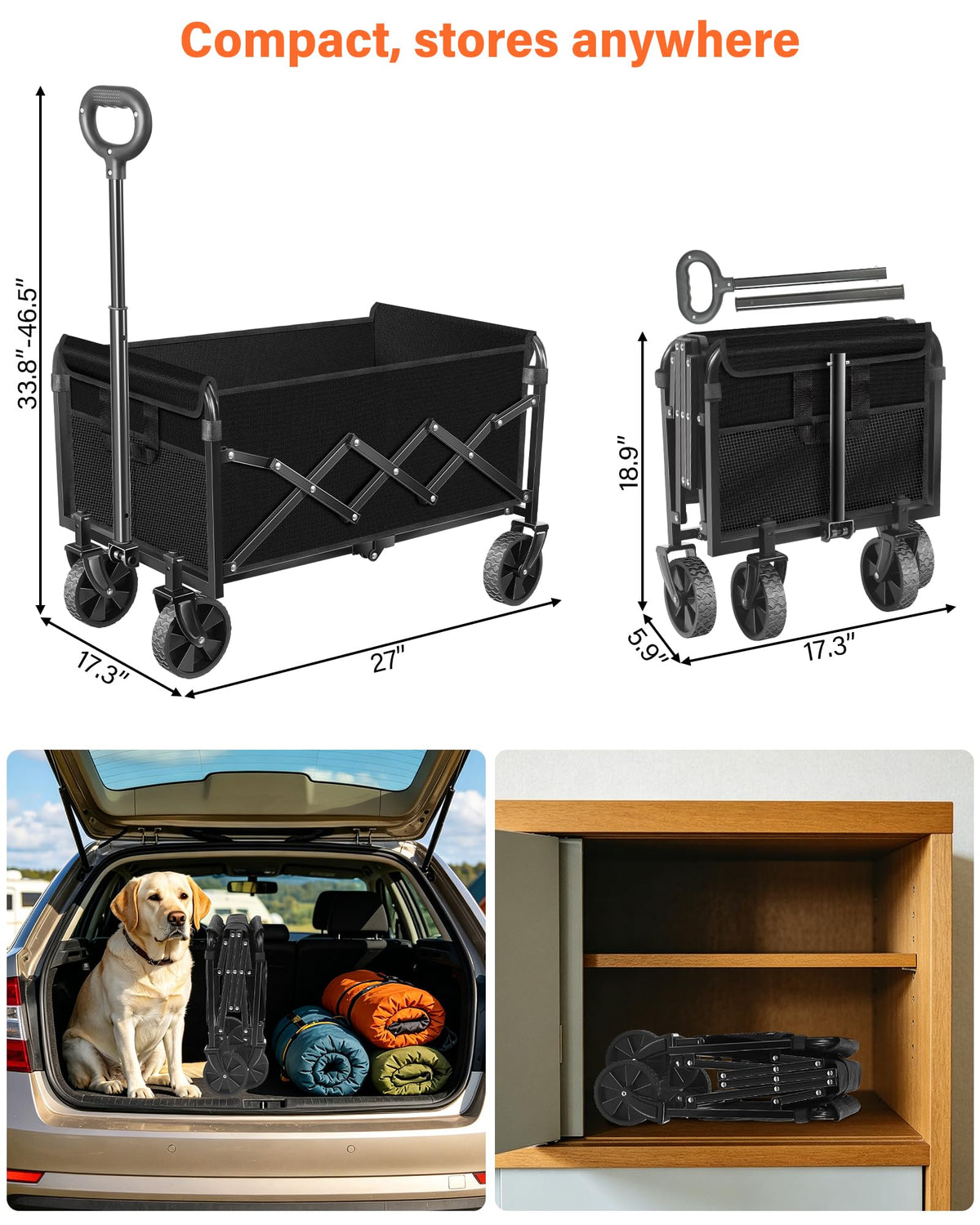 Foldable Wagon Cart with Wheels, 2 Cup Holders, Black X78944