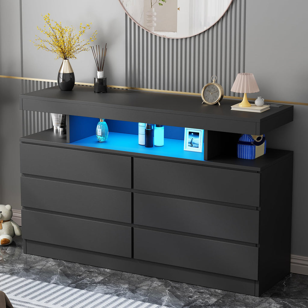 Black Dresser with Charging Station and LED Lights I158