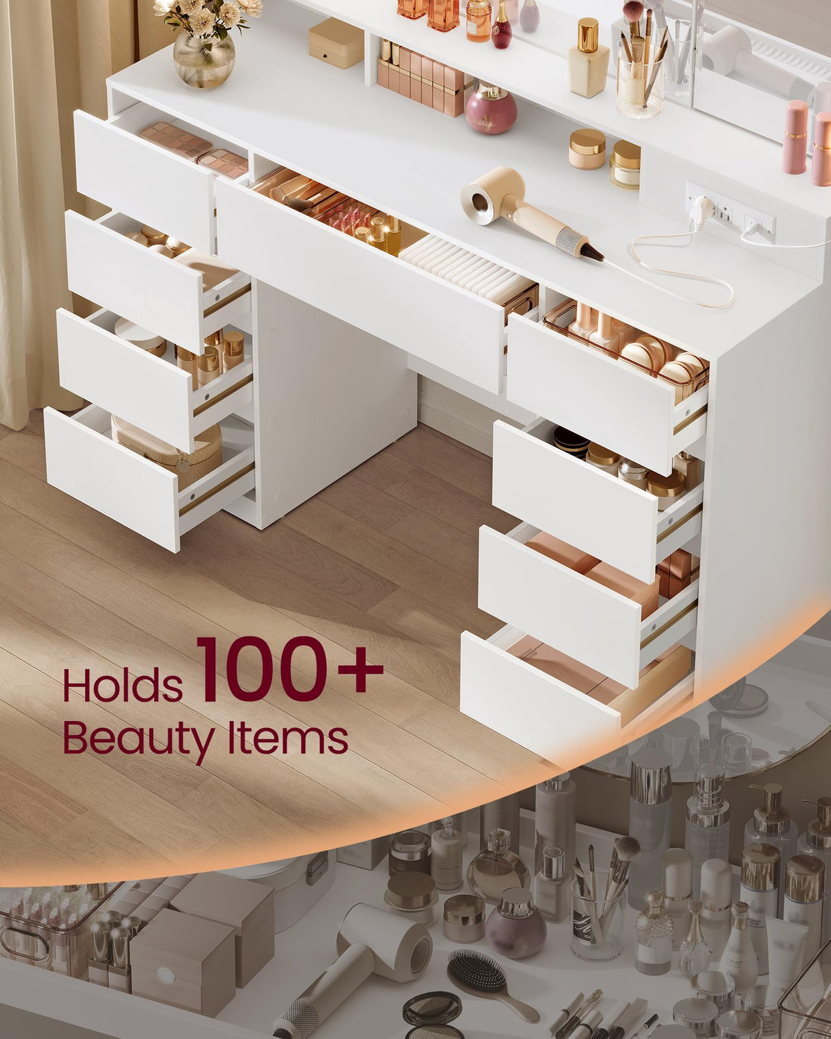 Vanity Desk with LED Lights and Tri-Fold Mirror, 9 Drawers L405038