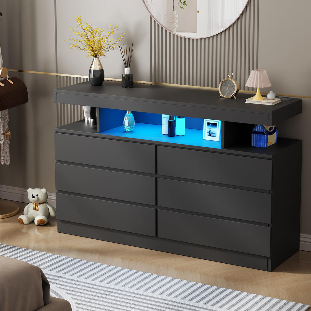 Black Dresser with Charging Station and LED Lights I158