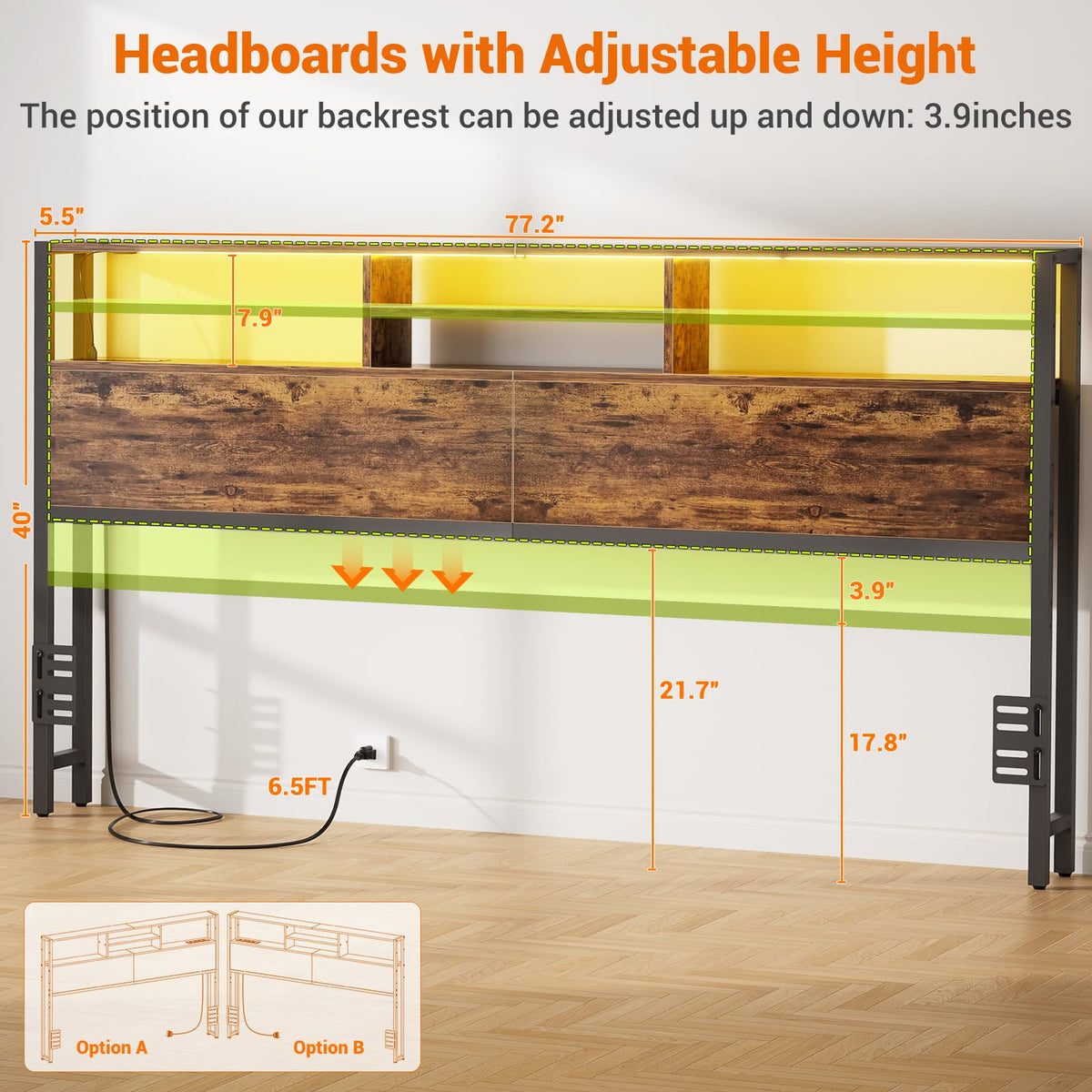 King Size Storage Headboard with Outlets V157