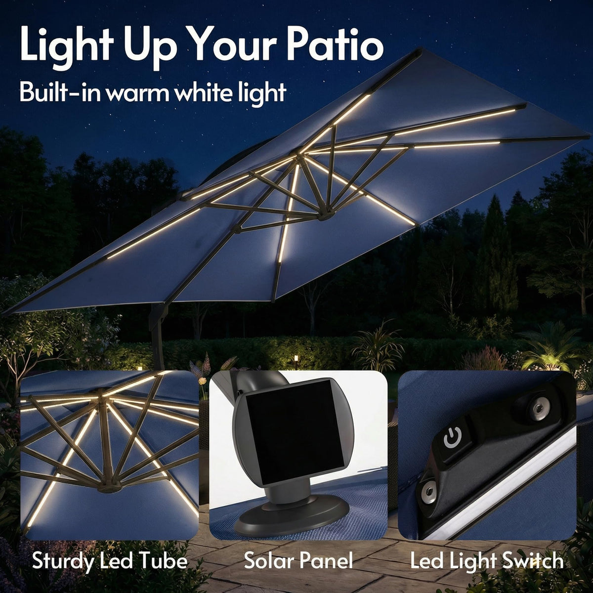 11x11ft Solar Powered Led Cantilever Umbrella with Base G3812