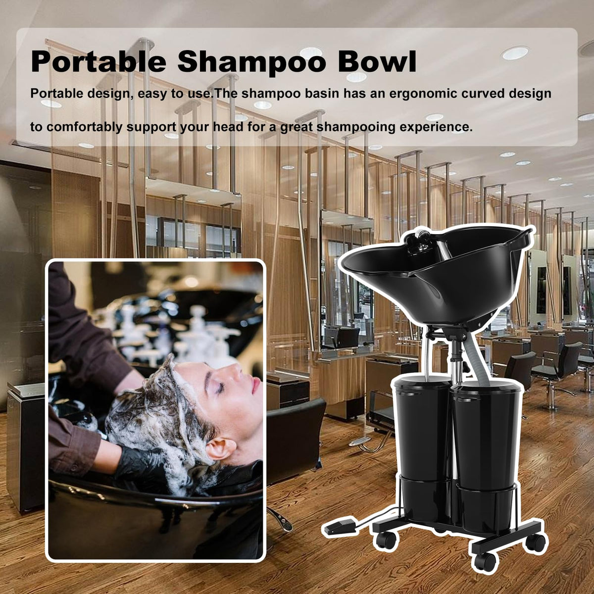 Portable Plastic Shampoo Bowl Unit with 2 Bucket and Drain Hoses Black E7573