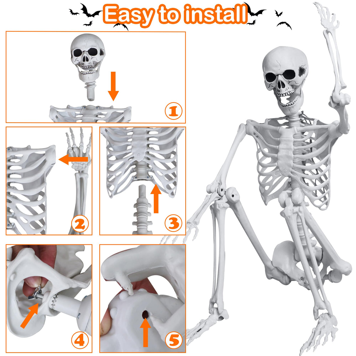 5.4ft/165cm Halloween Skeleton with Crows Movable Joints L6625