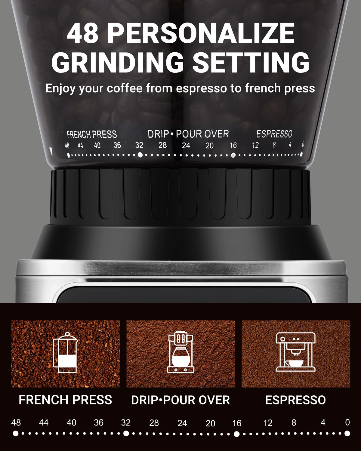 Burr Coffee Grinder, 48 Settings, Metallic Silver W41345