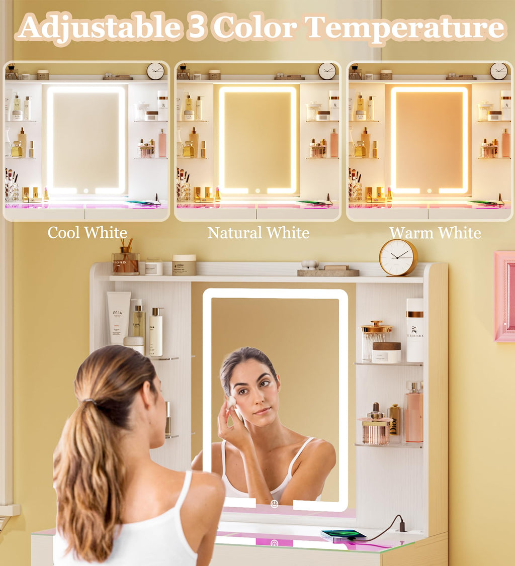 White Vanity Desk with Mirror and LED Lights C998