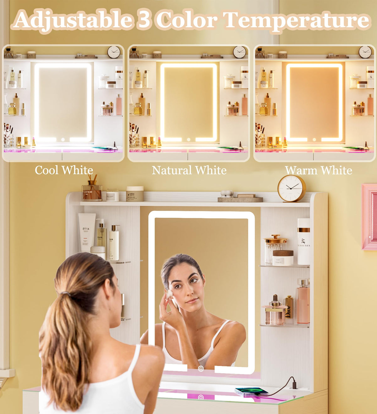 White Vanity Desk with Mirror and LED Lights C998