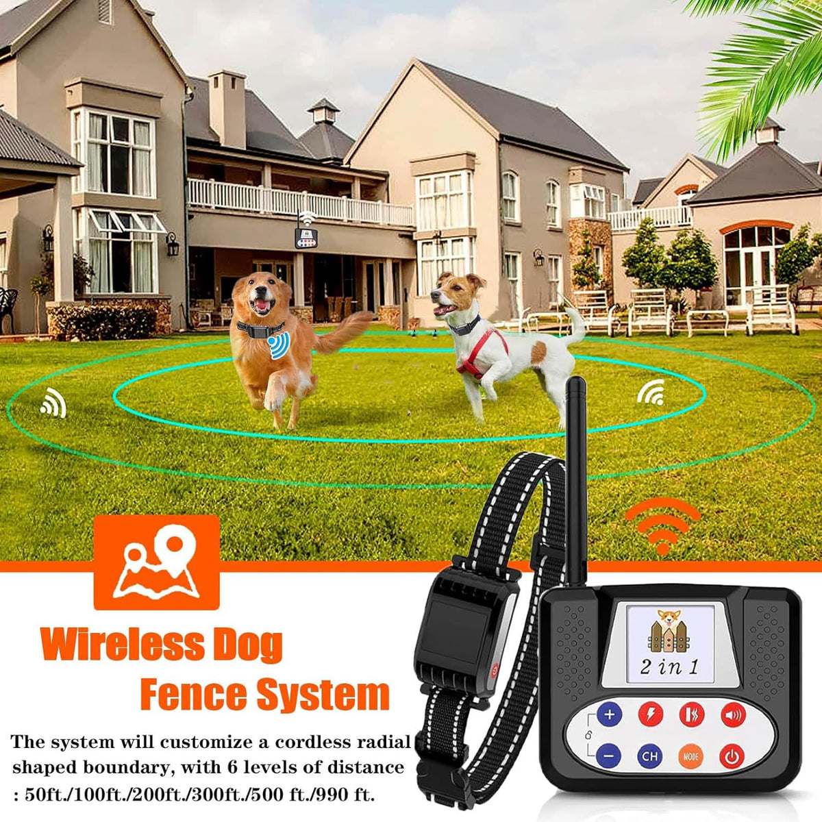 Wireless Electric Dog Fence & Training Collar 2-in-1, Waterproof Rechargeable, Up to 8 Acre F404