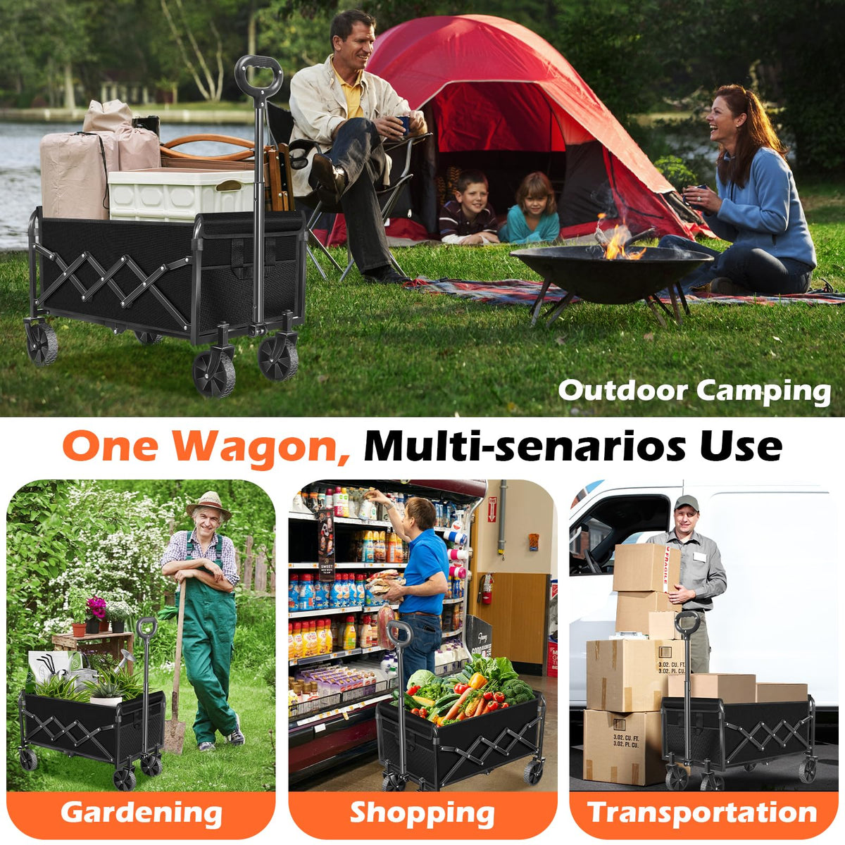 Foldable Wagon Cart with Wheels, 2 Cup Holders, Black X78944