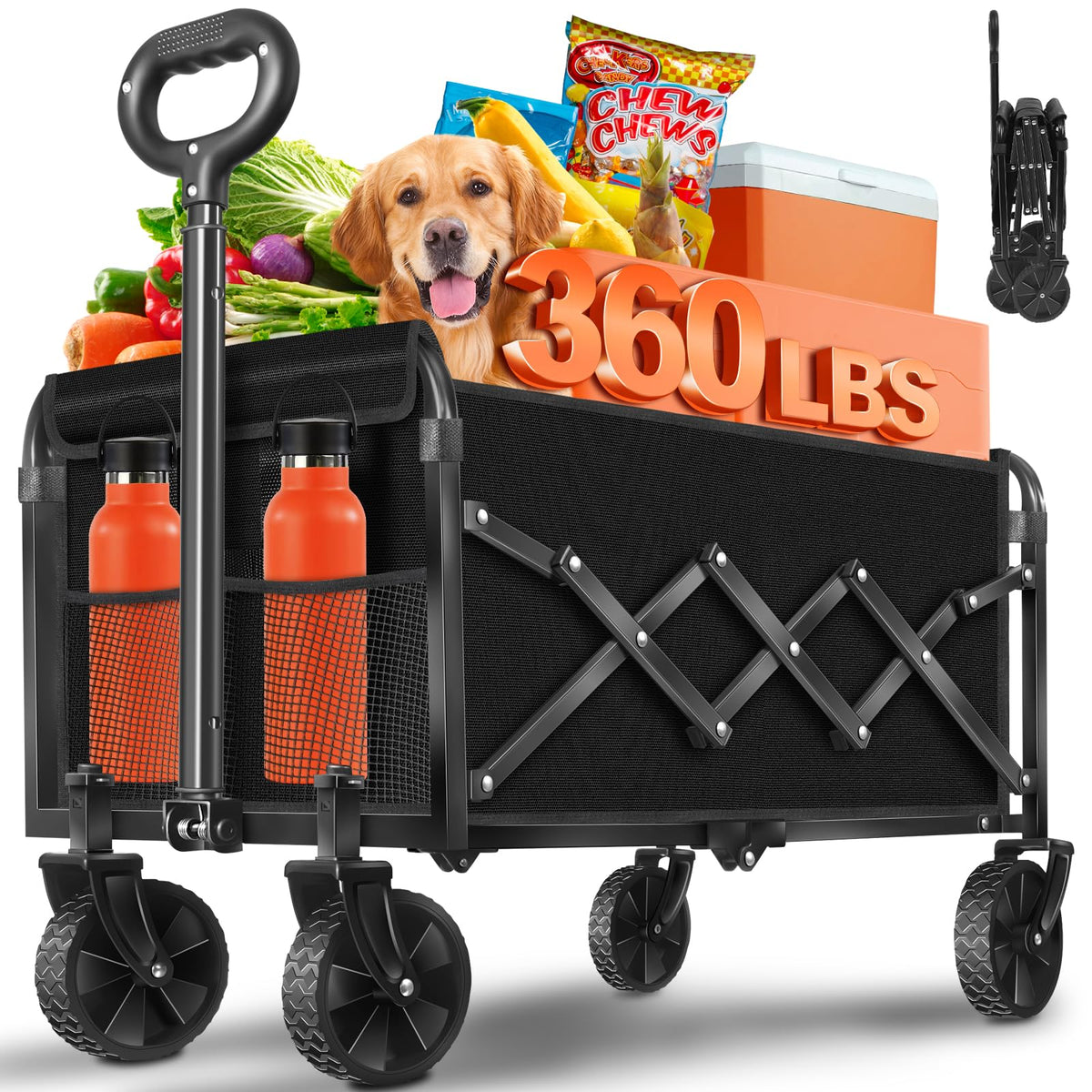 Foldable Wagon Cart with Wheels, 2 Cup Holders, Black X78944