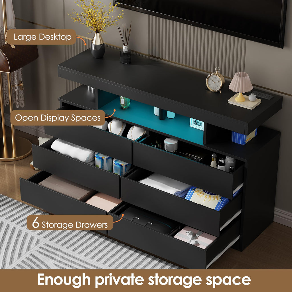 Black Dresser with Charging Station and LED Lights I158