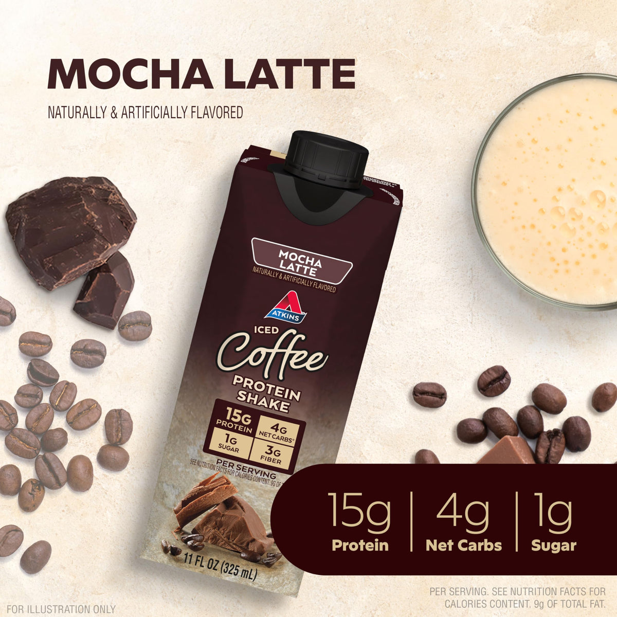 Dark Chocolate Mocha Latte Protein Shake, 15g Protein, 4g Net Carb, 1g Sugar Q213