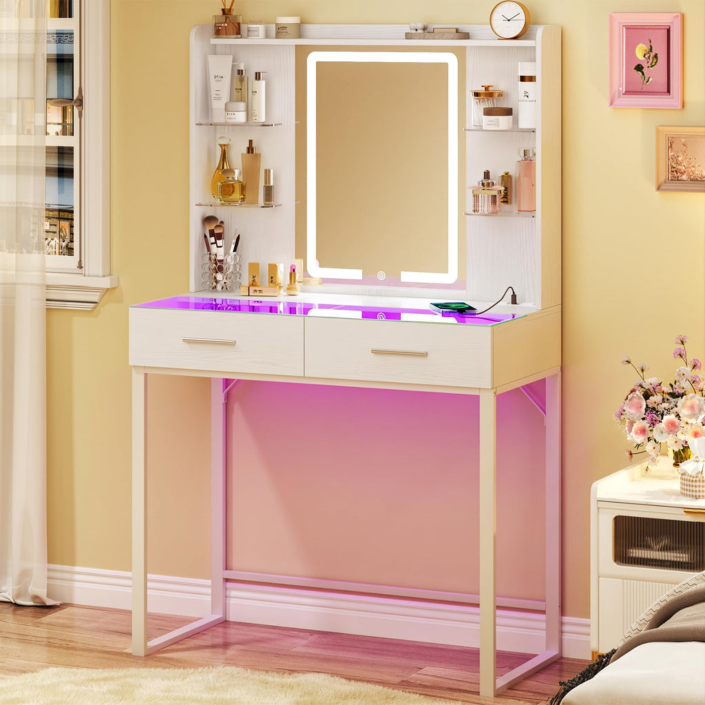 White Vanity Desk with Mirror and LED Lights C998