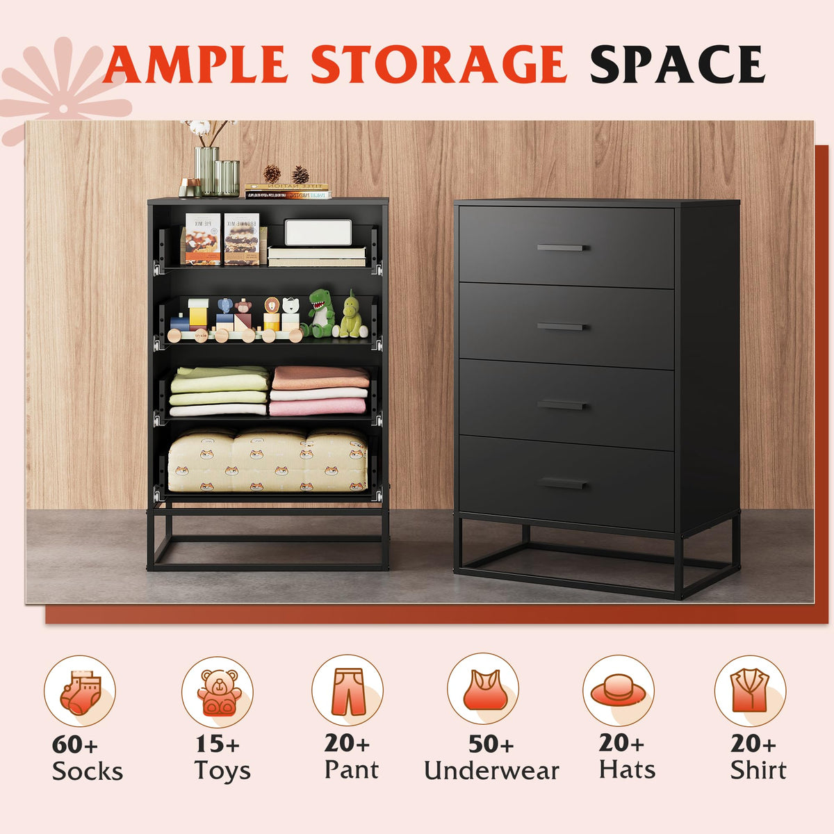 Black 4 Drawer Wooden Dresser B900
