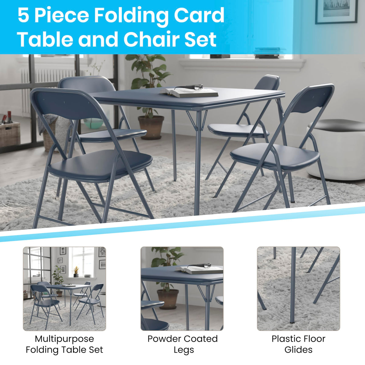 Navy Square Folding Card Table and Chairs Set K653