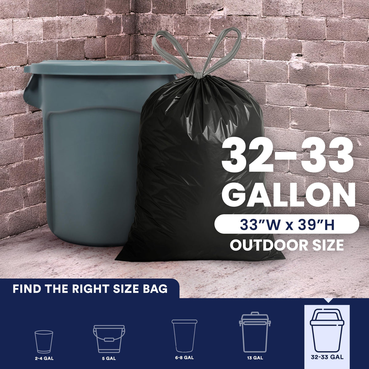 32-33 Gallon 1.2 Mil Black Drawstring Trash Bags, 100 Count W3041