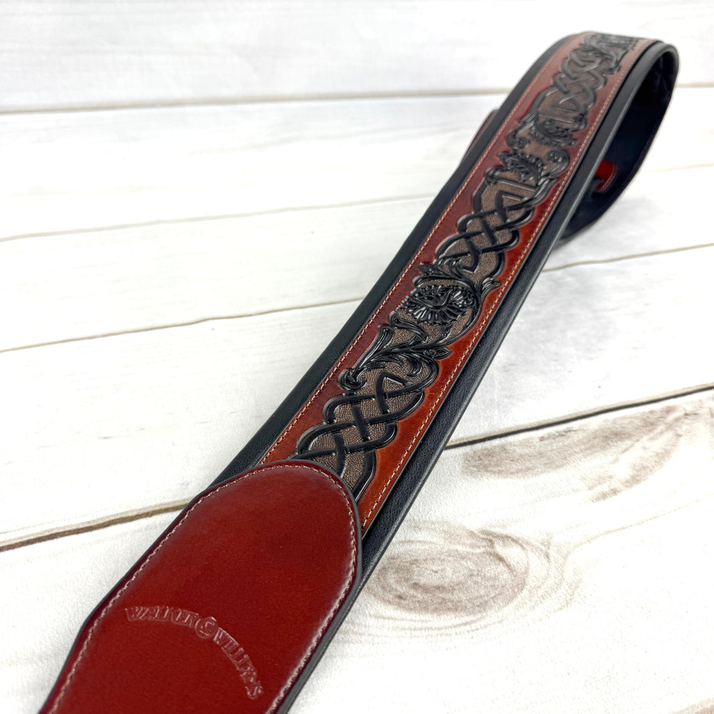 Whiskey Tan and Brown Full Grain Carving Leather Padded Guitar Strap B875411