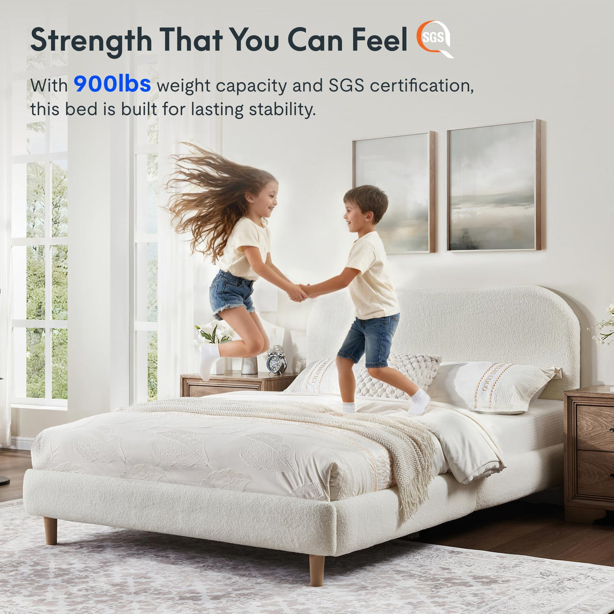 Queen Size White Boucle Bed Frame U784
