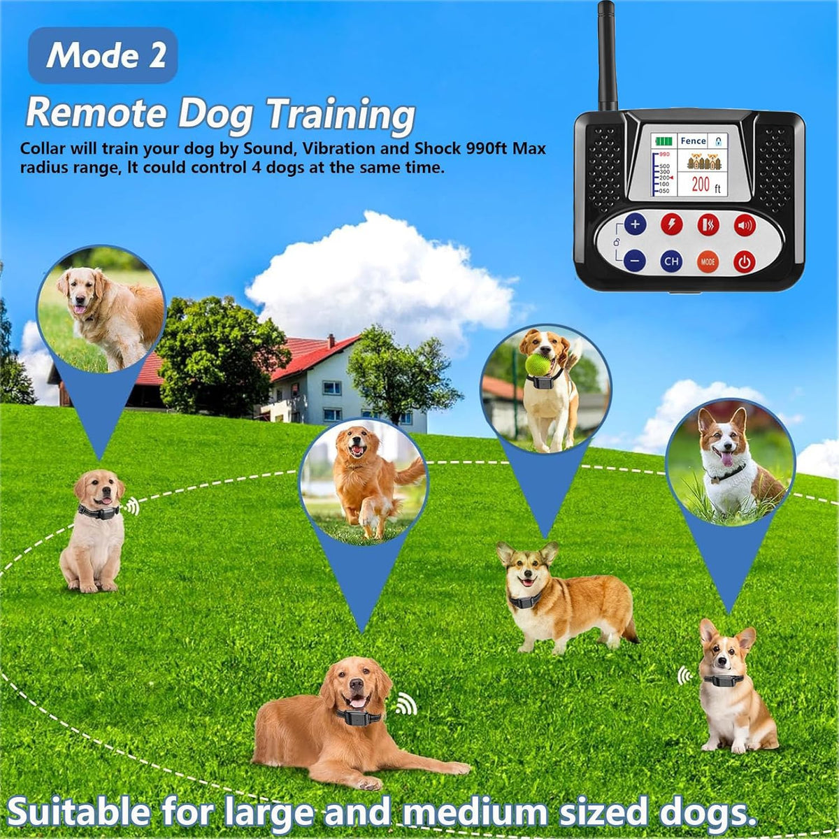 Wireless Electric Dog Fence & Training Collar 2-in-1, Waterproof Rechargeable, Up to 8 Acre F404