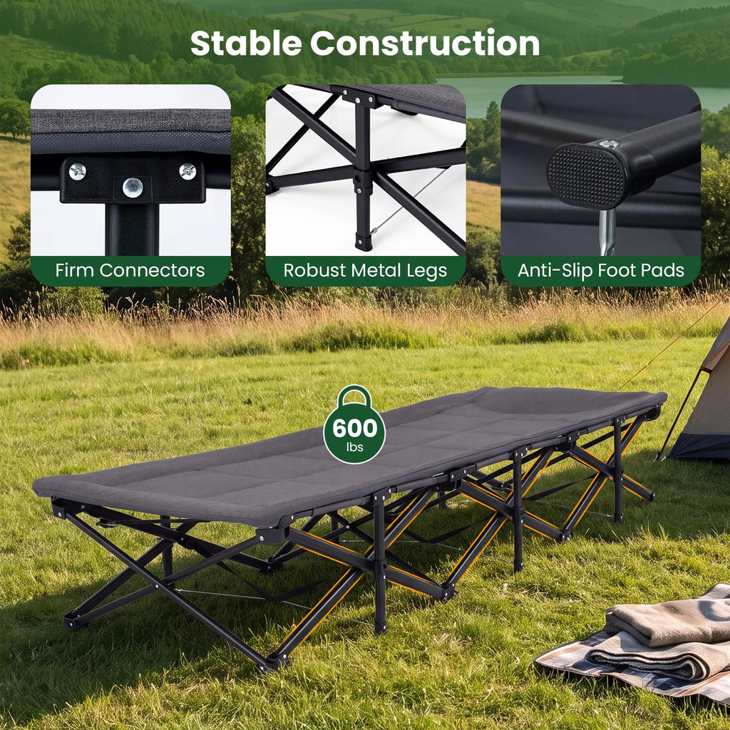 Camping Cot with Padded Pillow, Carry Bag, 600 lbs, Grey G443