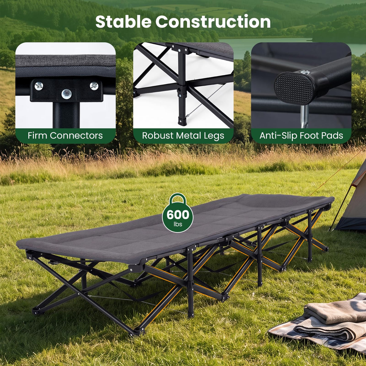 Camping Cot with Padded Pillow, Carry Bag, 600 lbs, Grey G443