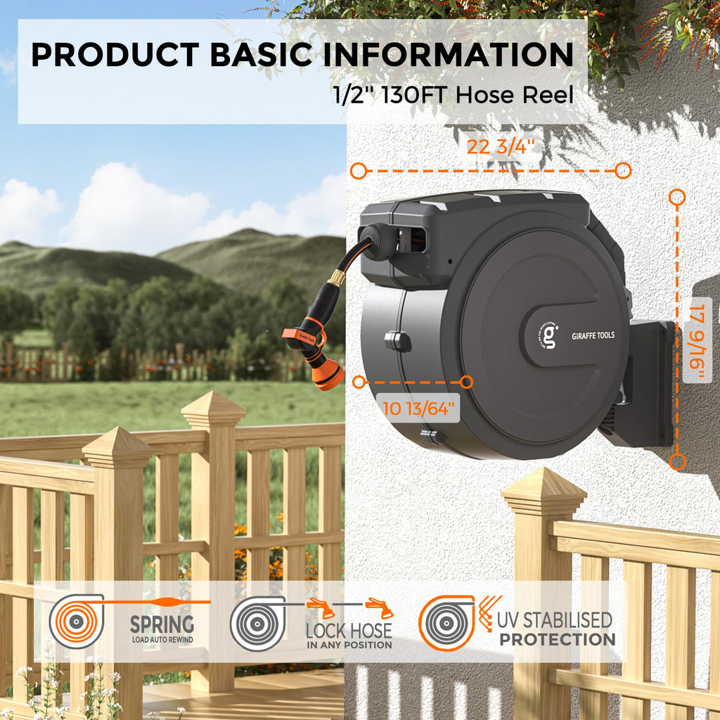 Retractable Garden Hose Reel 1/2" 130FT Wall Mount C79604