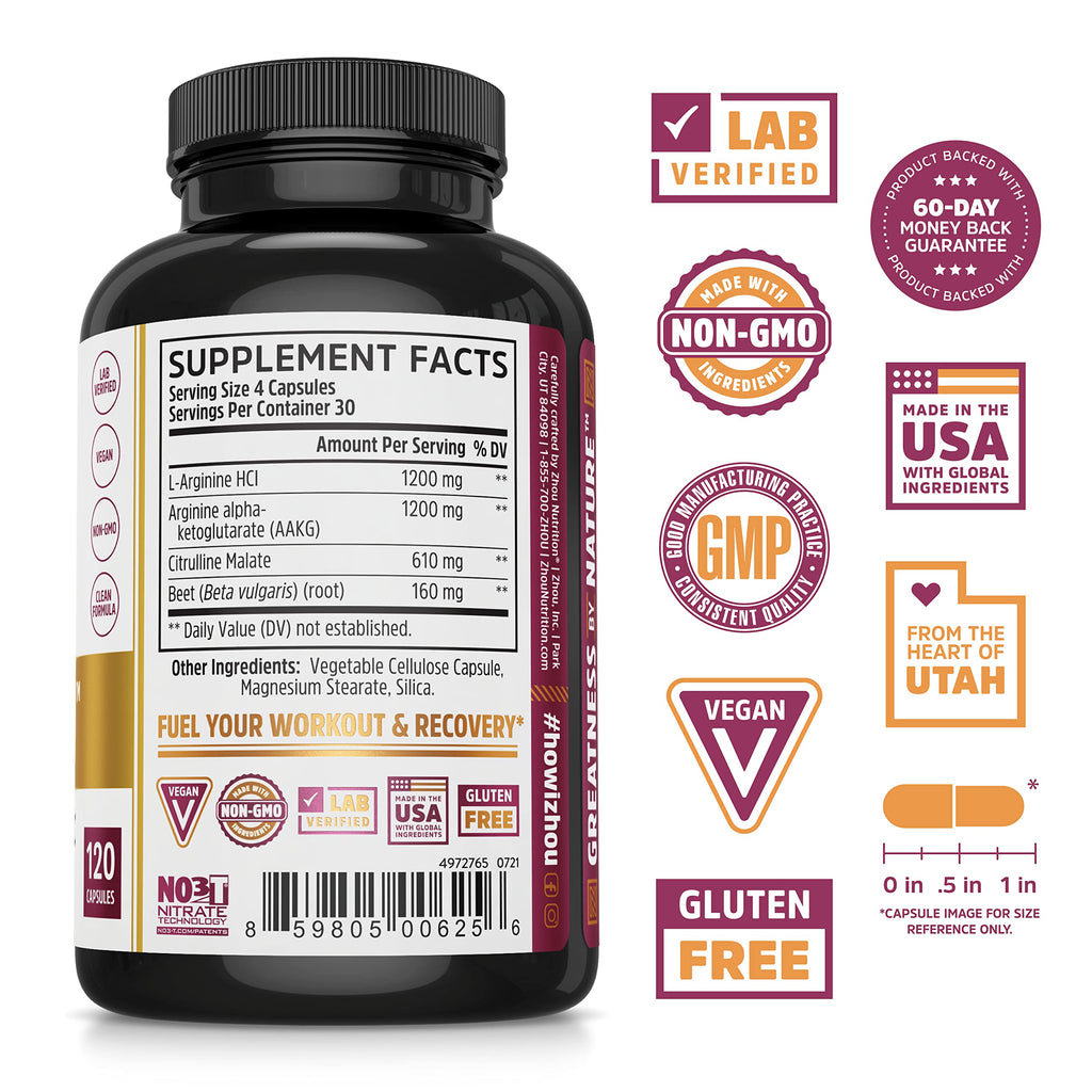 Nitric Oxide Supplement with Beet Root & L Arginine, 120 Veggie Capsules A9121