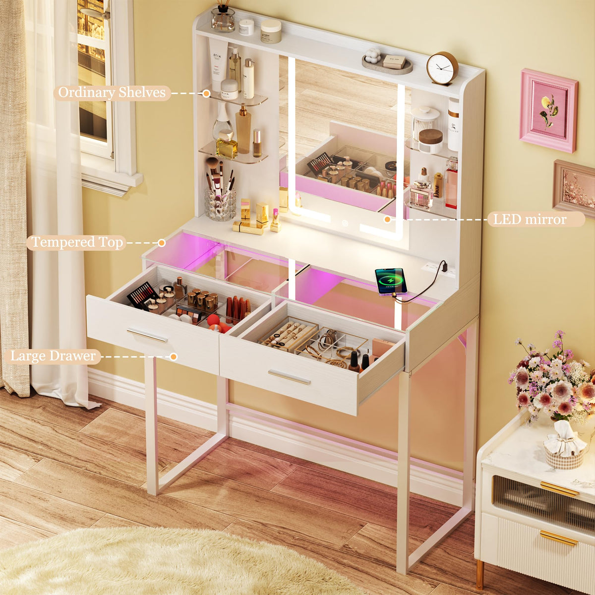 White Vanity Desk with Mirror and LED Lights C998