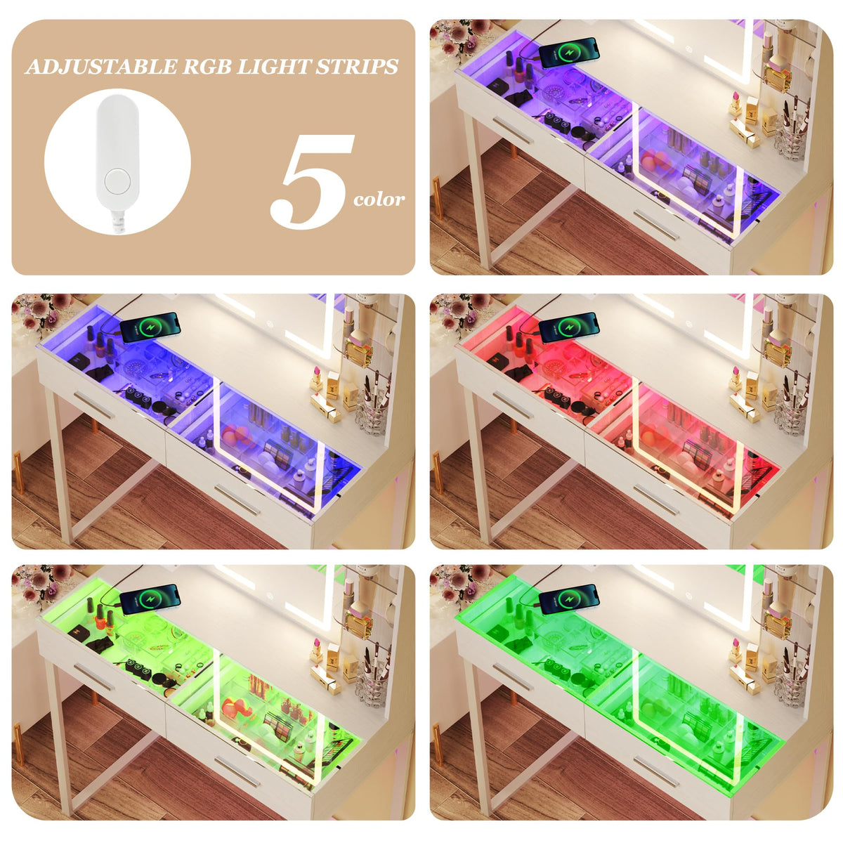 White Vanity Desk with Mirror and LED Lights C998