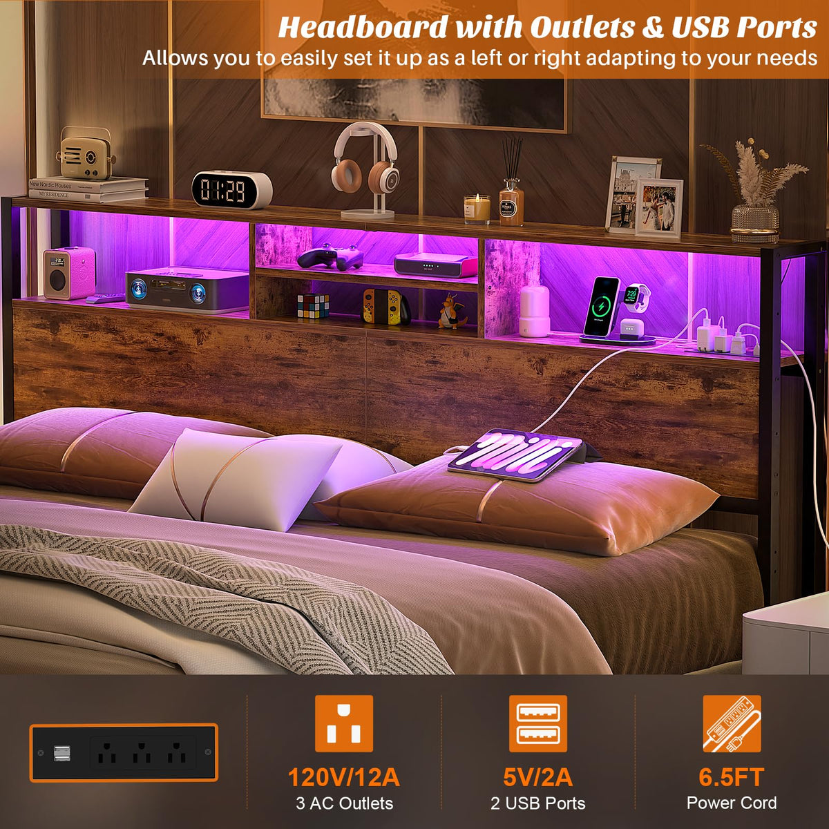 King Size Storage Headboard with Outlets V157