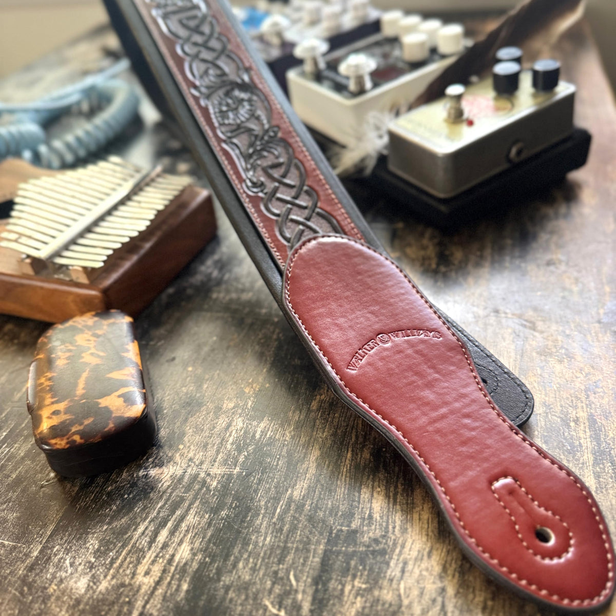 Whiskey Tan and Brown Full Grain Carving Leather Padded Guitar Strap B875411
