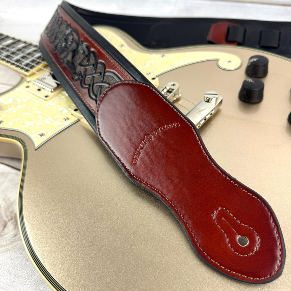 Whiskey Tan and Brown Full Grain Carving Leather Padded Guitar Strap B875411