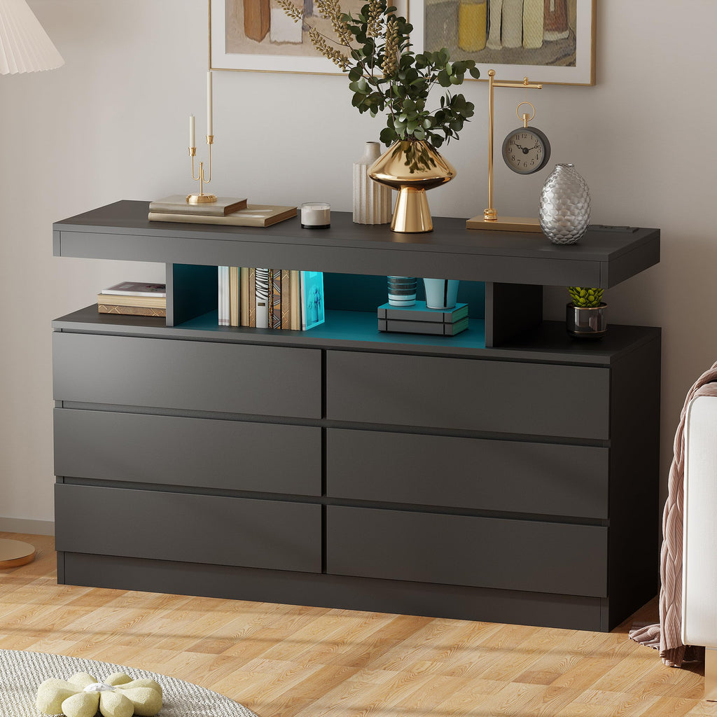Black Dresser with Charging Station and LED Lights I158