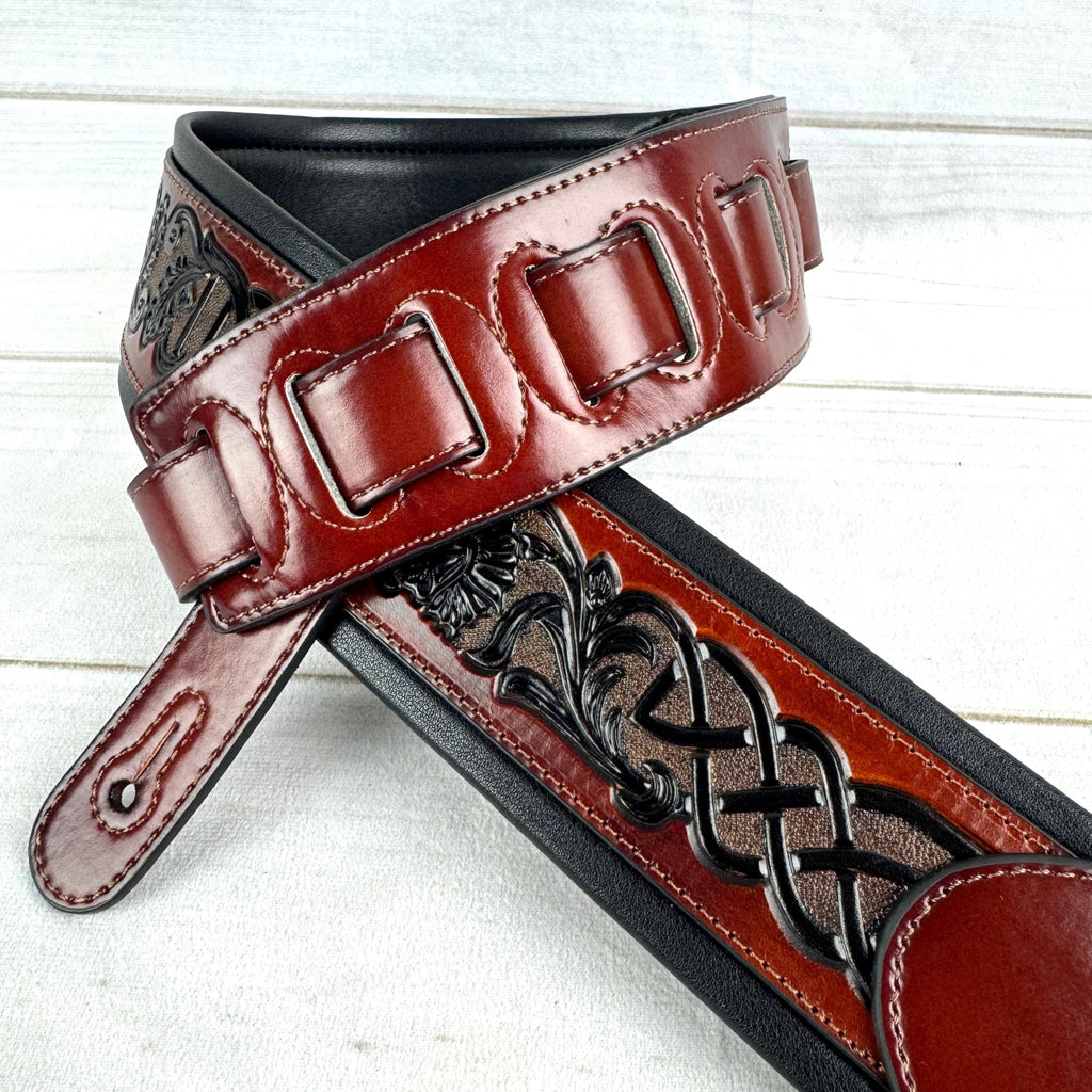 Whiskey Tan and Brown Full Grain Carving Leather Padded Guitar Strap B875411