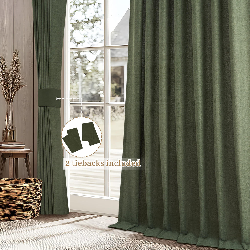 Dark Green 96 Inches Long Thick Linen 2 Panels Set Curtains M919418