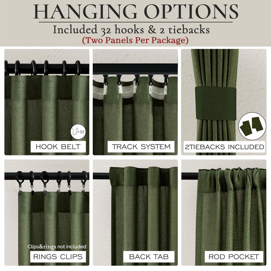 Dark Green 96 Inches Long Thick Linen 2 Panels Set Curtains M919418