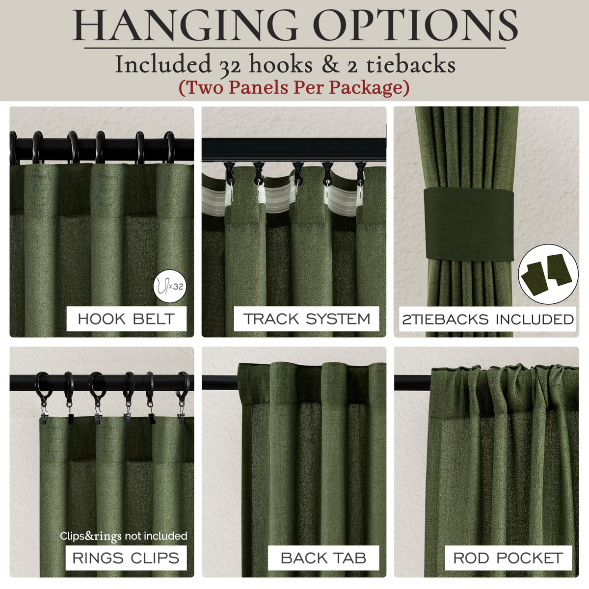 Dark Green 96 Inches Long Thick Linen 2 Panels Set Curtains M919418