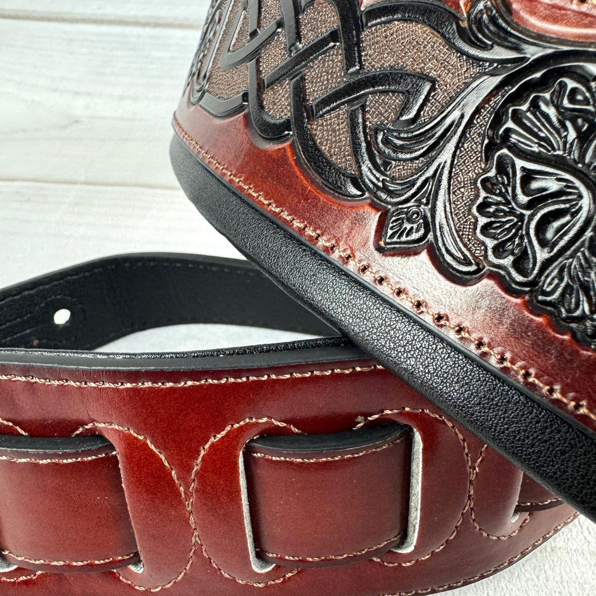 Whiskey Tan and Brown Full Grain Carving Leather Padded Guitar Strap B875411