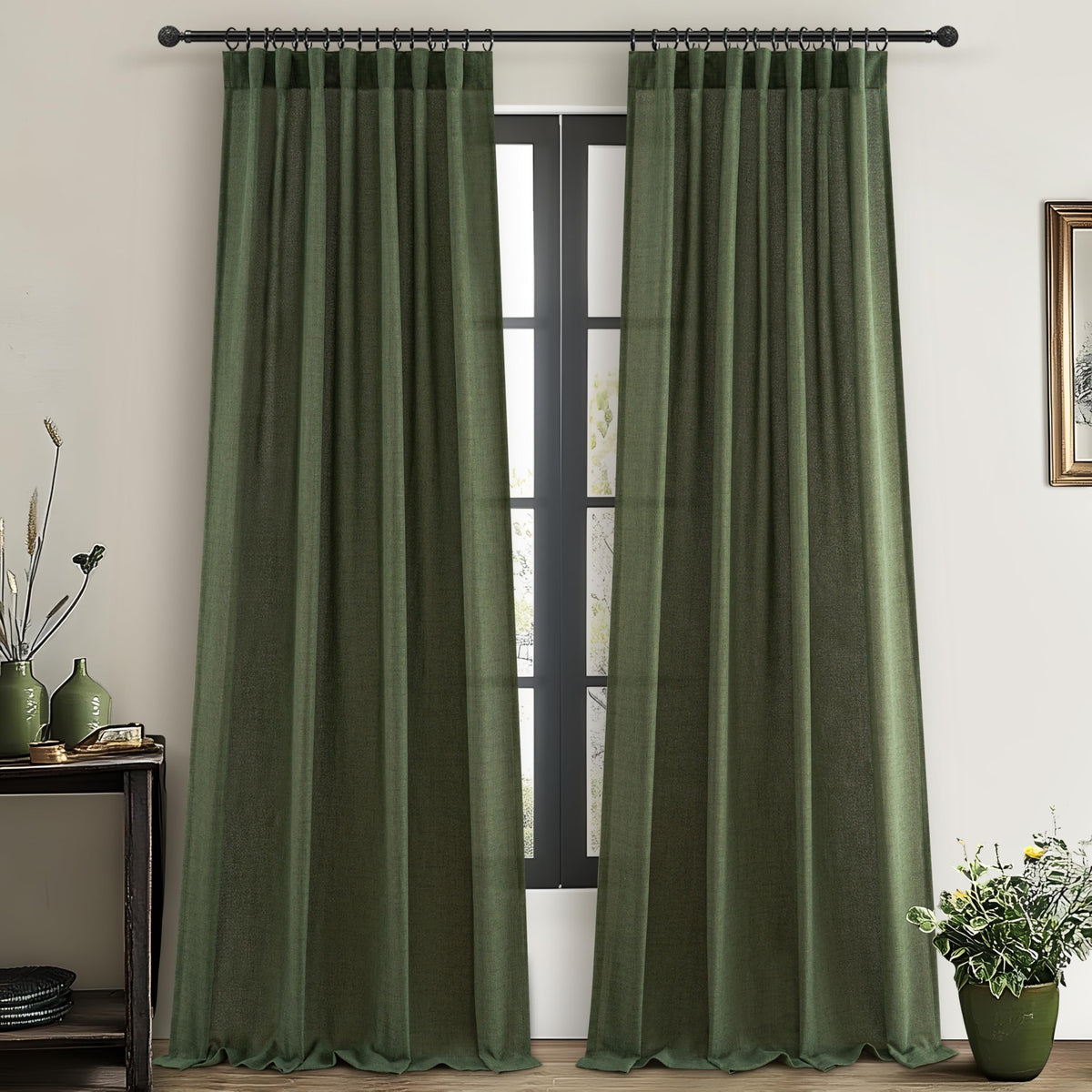 Dark Green 96 Inches Long Thick Linen 2 Panels Set Curtains M919418