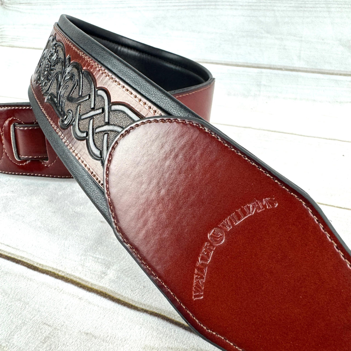Whiskey Tan and Brown Full Grain Carving Leather Padded Guitar Strap B875411
