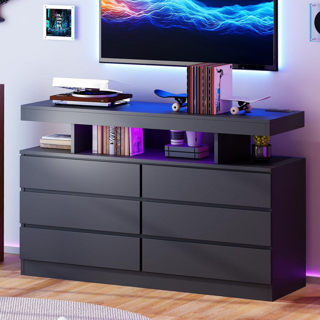 Black Dresser with Charging Station and LED Lights I158