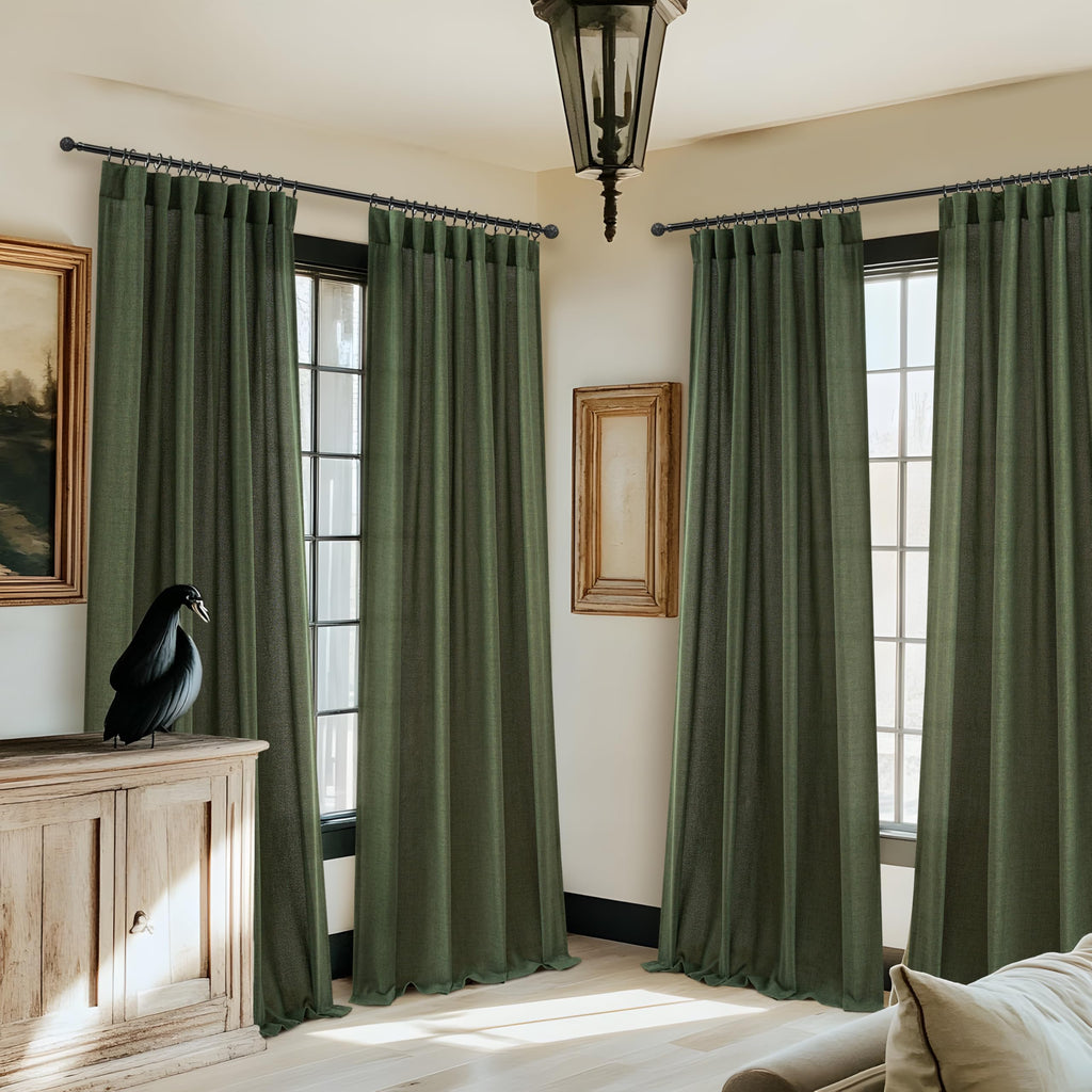 Dark Green 96 Inches Long Thick Linen 2 Panels Set Curtains M919418