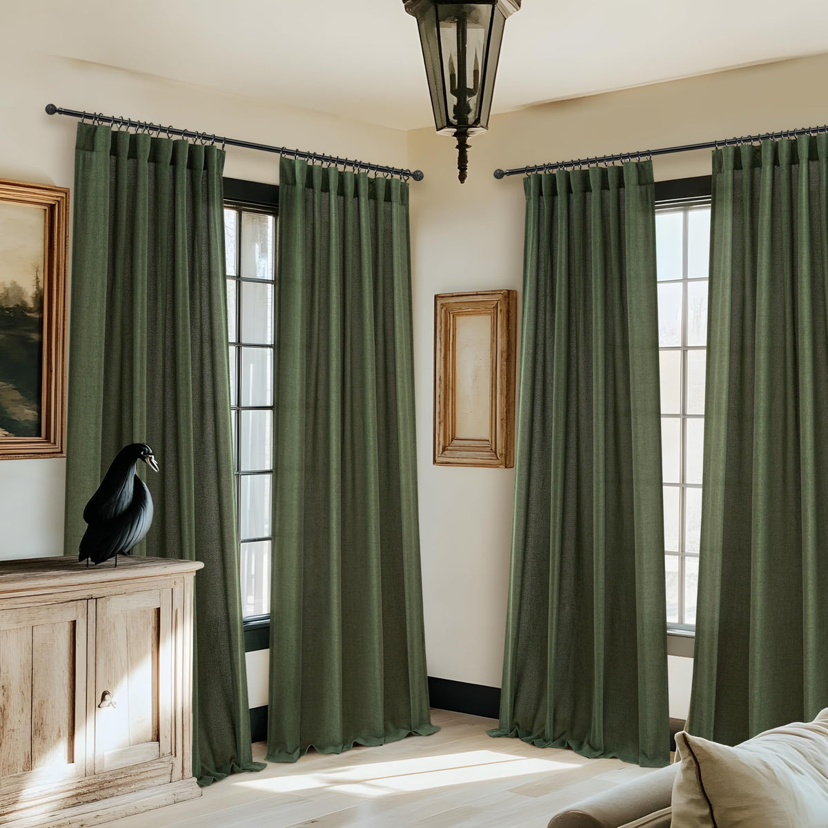 Dark Green 96 Inches Long Thick Linen 2 Panels Set Curtains M919418